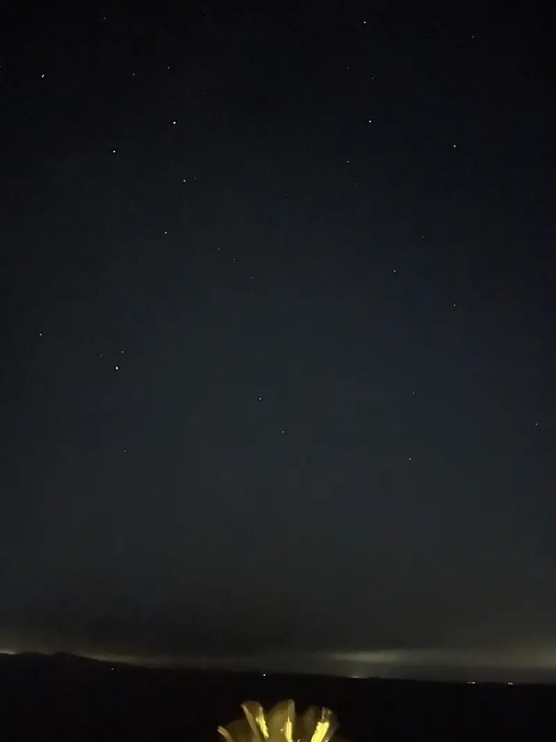 夜のテラスから見上げた星空。暗い海の向こう、対岸の街灯りがかすかに滲む